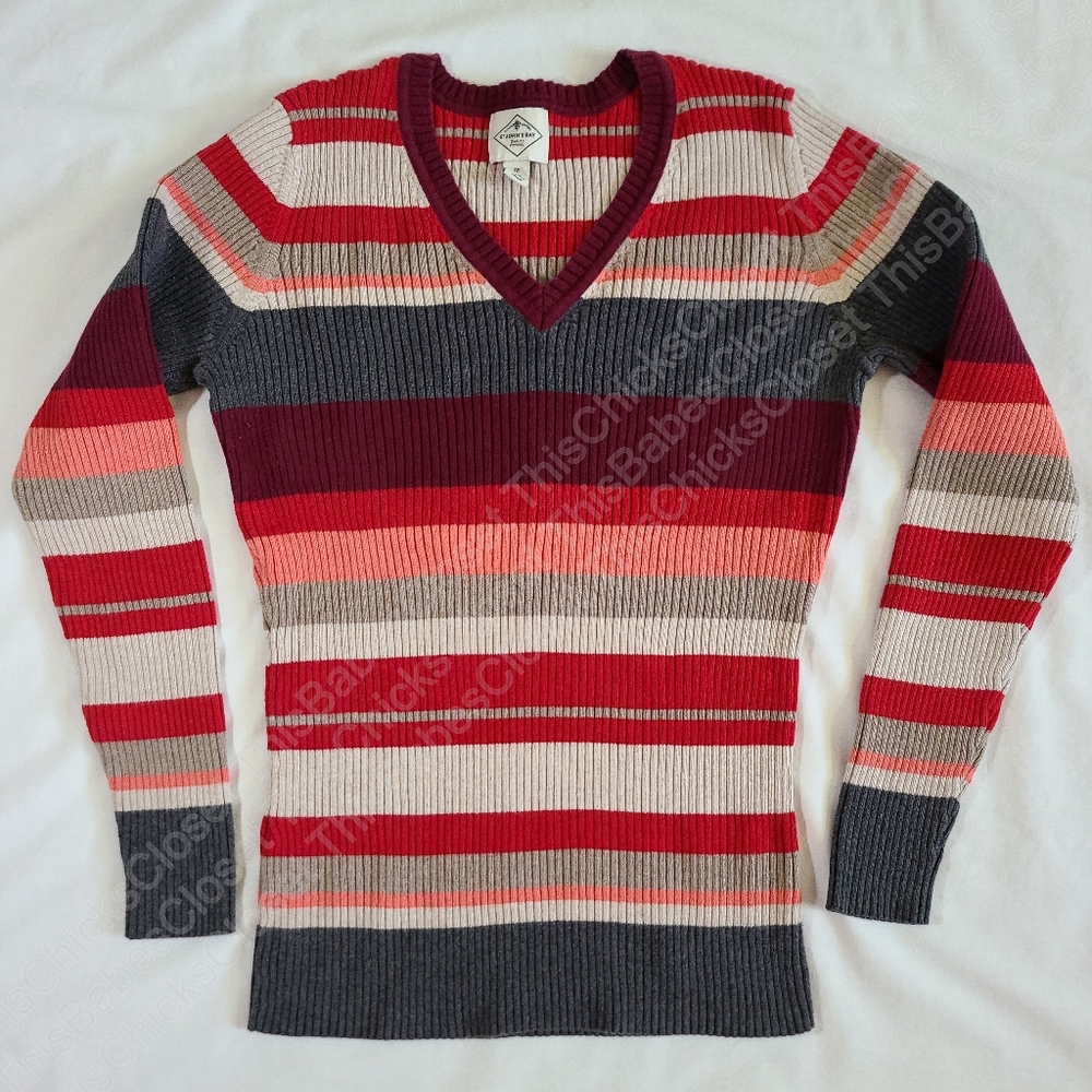 ❤️VGUC St. John's Bay V-Neck Red/Grey/Cream Ribbed Long Sleeve Knit Sweater, M